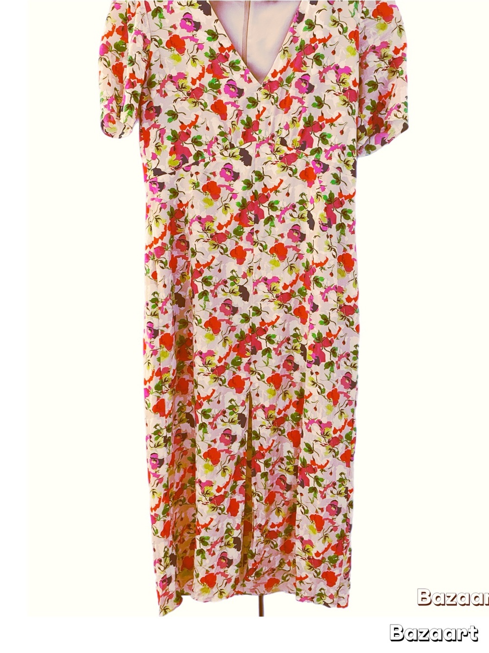 SALONI Tan Silk Midi Dress with Multicolor Floral Print US 10